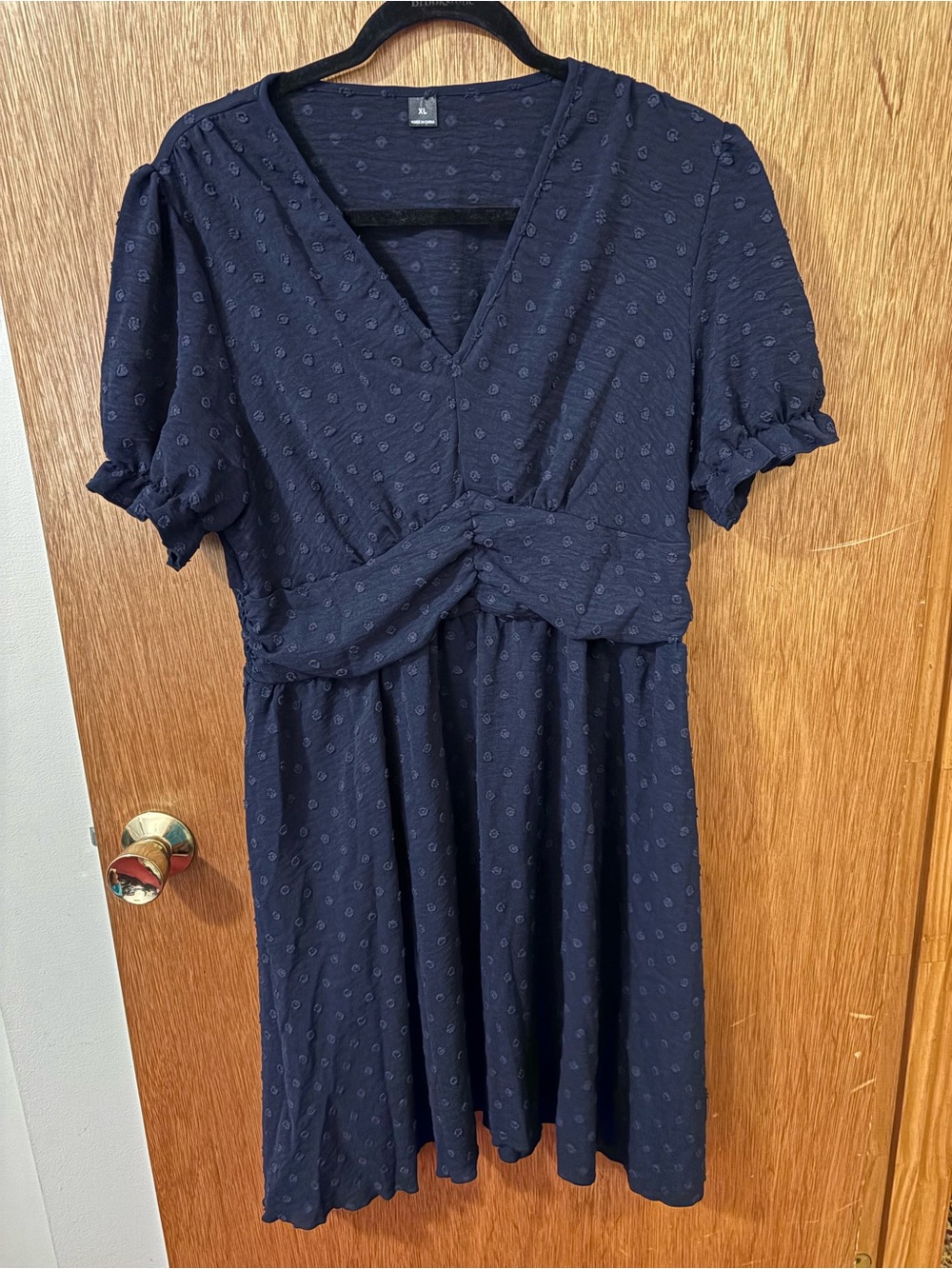 Navy Blue V-Neck Swiss Dot Puff Sleeve Mini Dress NWOT - Picture 5 of 9